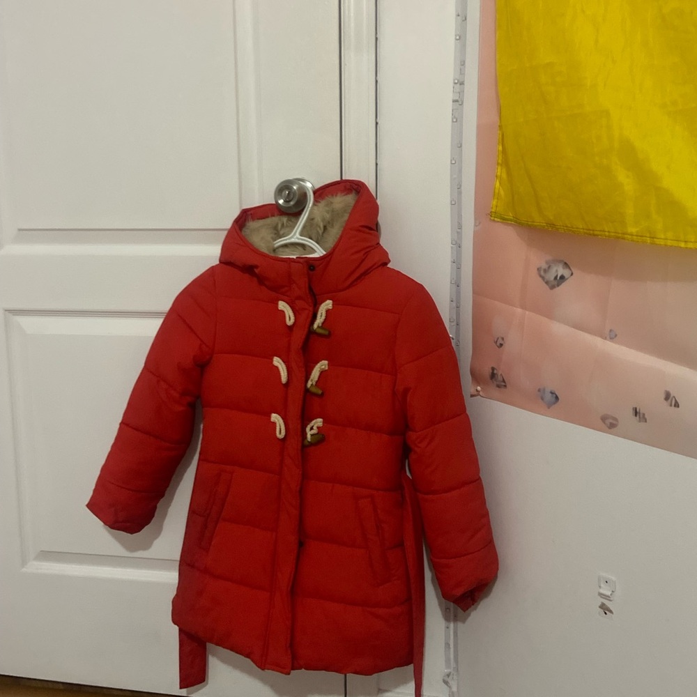 Red Hooded Puffer Coat with Toggle Closures